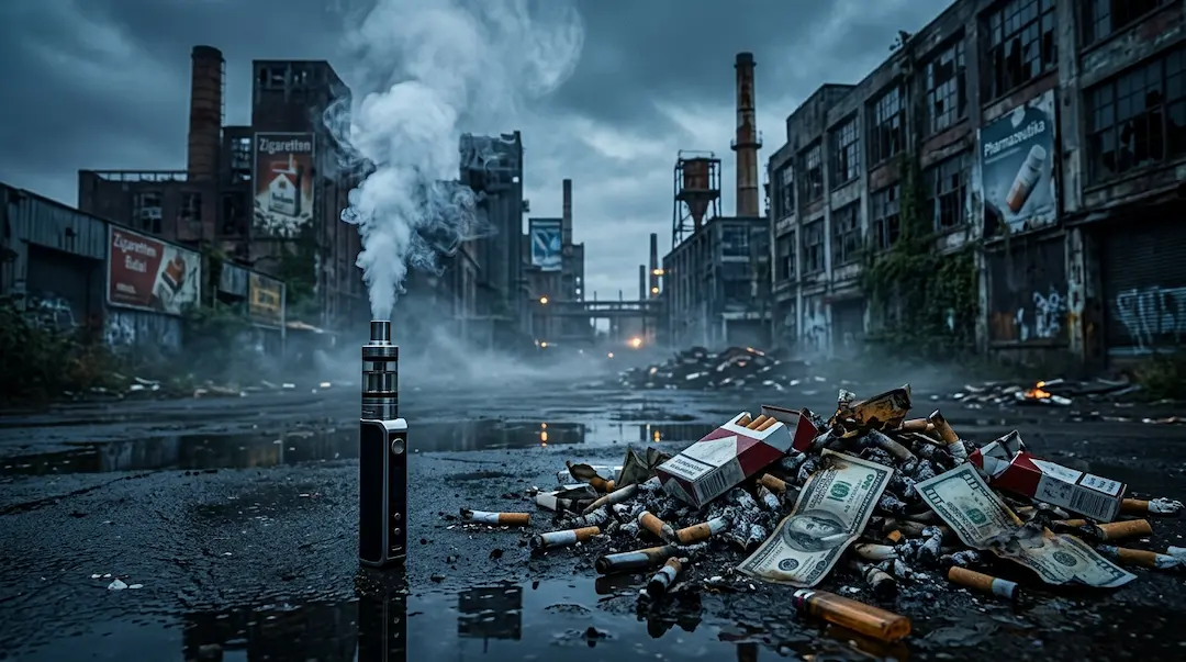 Dystopische Darstellung einer dampfenden E Zigarette vor verfallenen Tabakfabriken und verbranntem Geld als Symbol für 400 Milliarden Euro Einnahmenverlust.